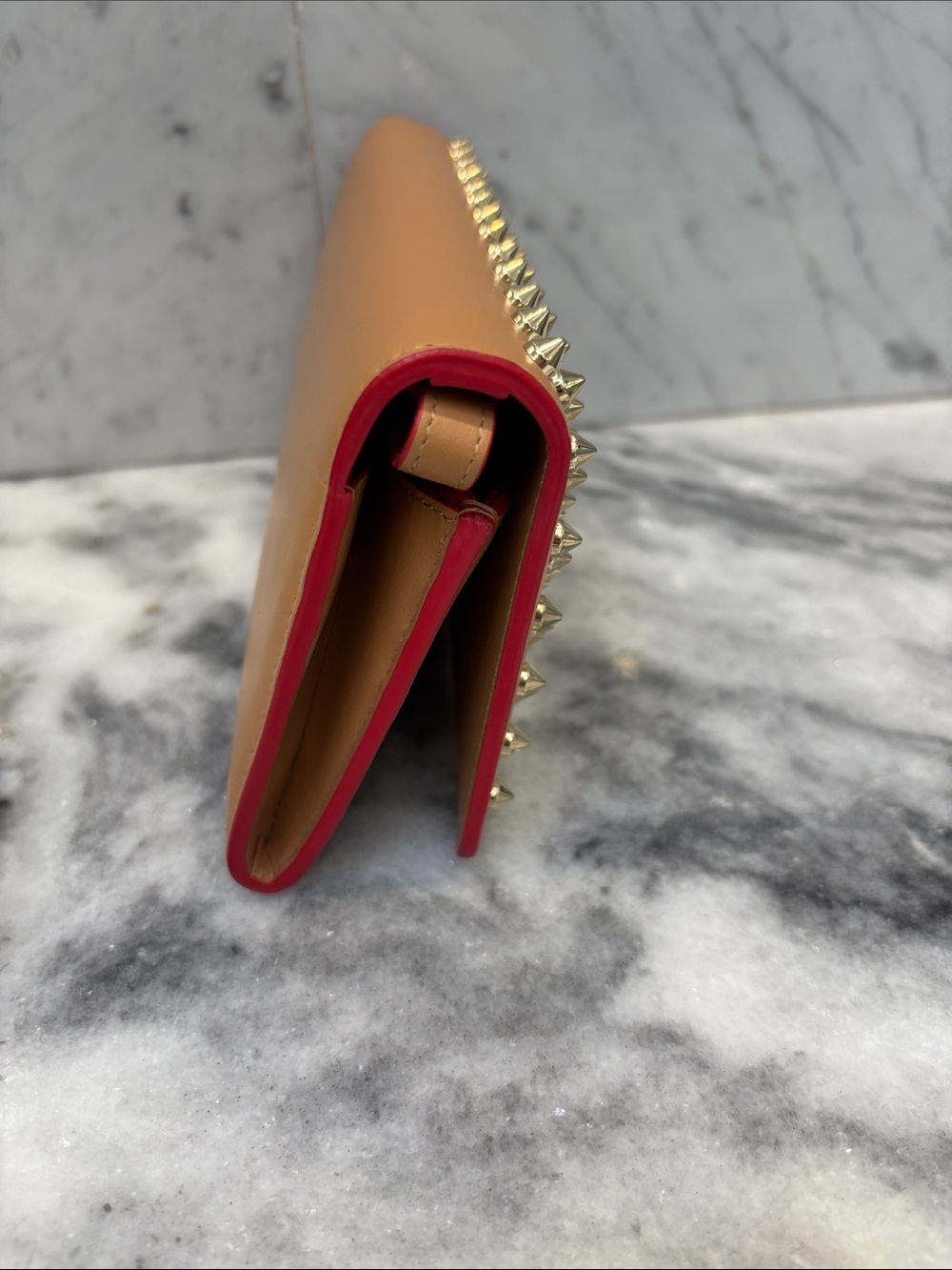 Christian Louboutin Tan Leather Clutch with Gold Spikes - Picture 7 of 8